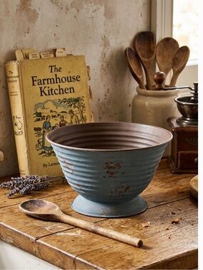 Harbor Gardens Blue Rustic Farmhouse Metal Distressed Bowl Country Decor NWT